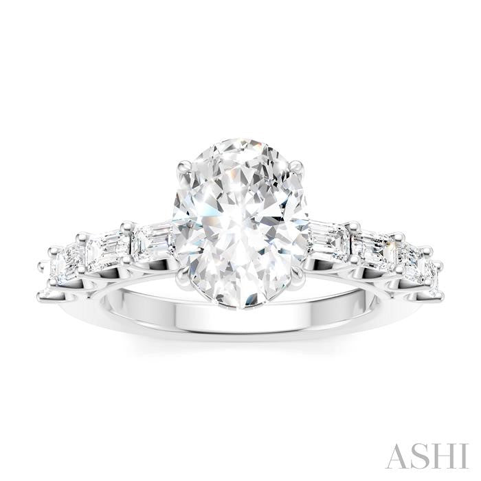 7/8 Ctw Oval Shape Emerald and Round Cut Diamond Semi-Mount Engagement Ring in 14K White Gold