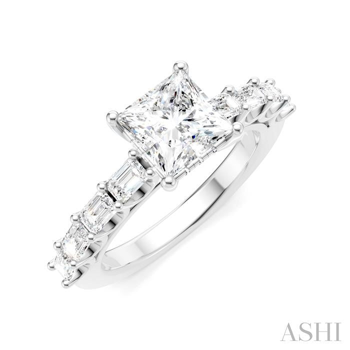 7/8 Ctw Princess Shape Emerald and Round Cut Diamond Semi-Mount Engagement Ring in 14K White Gold
