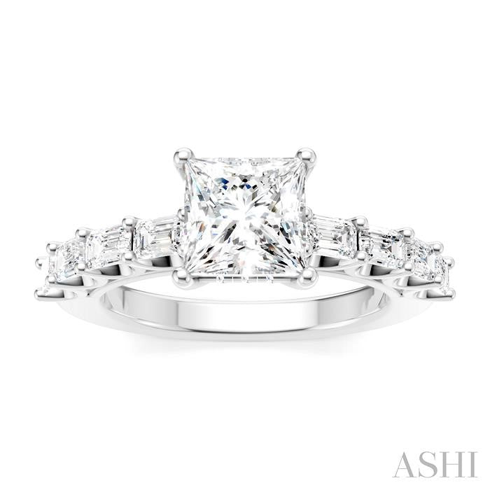 7/8 Ctw Princess Shape Emerald and Round Cut Diamond Semi-Mount Engagement Ring in 14K White Gold