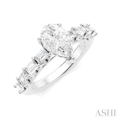 7/8 Ctw Pear Shape Emerald and Round Cut Diamond Semi-Mount Engagement Ring in 14K White Gold
