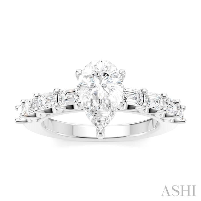 7/8 Ctw Pear Shape Emerald and Round Cut Diamond Semi-Mount Engagement Ring in 14K White Gold