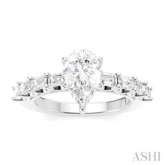 7/8 Ctw Pear Shape Emerald and Round Cut Diamond Semi-Mount Engagement Ring in 14K White Gold