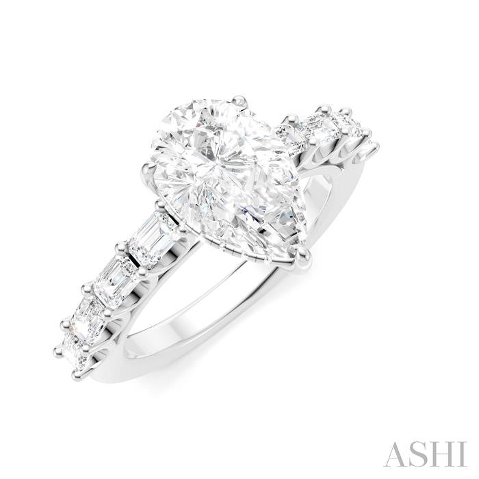 7/8 Ctw Pear Shape Emerald and Round Cut Diamond Semi-Mount Engagement Ring in 14K White Gold