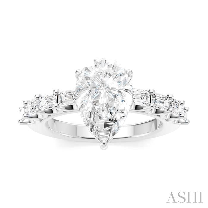 7/8 Ctw Pear Shape Emerald and Round Cut Diamond Semi-Mount Engagement Ring in 14K White Gold