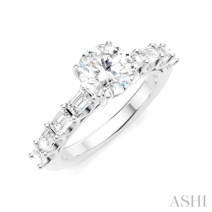 7/8 Ctw Round Shape Emerald and Round Cut Diamond Semi-Mount Engagement Ring in 14K White Gold
