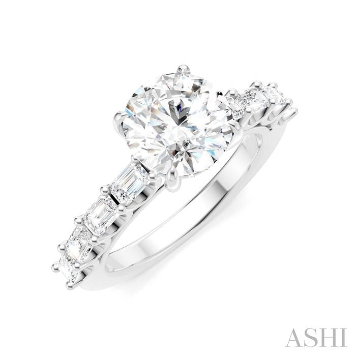7/8 Ctw Round Shape Emerald and Round Cut Diamond Semi-Mount Engagement Ring in 14K White Gold