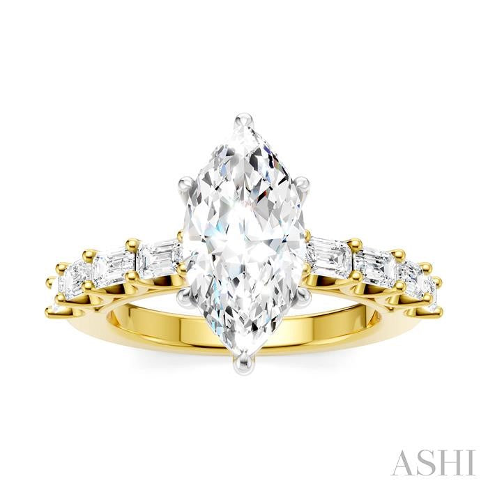 7/8 Ctw Marquise Shape Emerald and Round Cut Diamond Semi-Mount Engagement Ring in 14K Yellow and White Gold