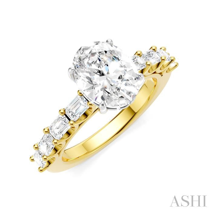 7/8 Ctw Oval Shape Emerald and Round Cut Diamond Semi-Mount Engagement Ring in 14K Yellow and White Gold