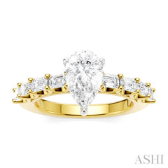 7/8 Ctw Pear Shape Emerald and Round Cut Diamond Semi-Mount Engagement Ring in 14K Yellow and White Gold
