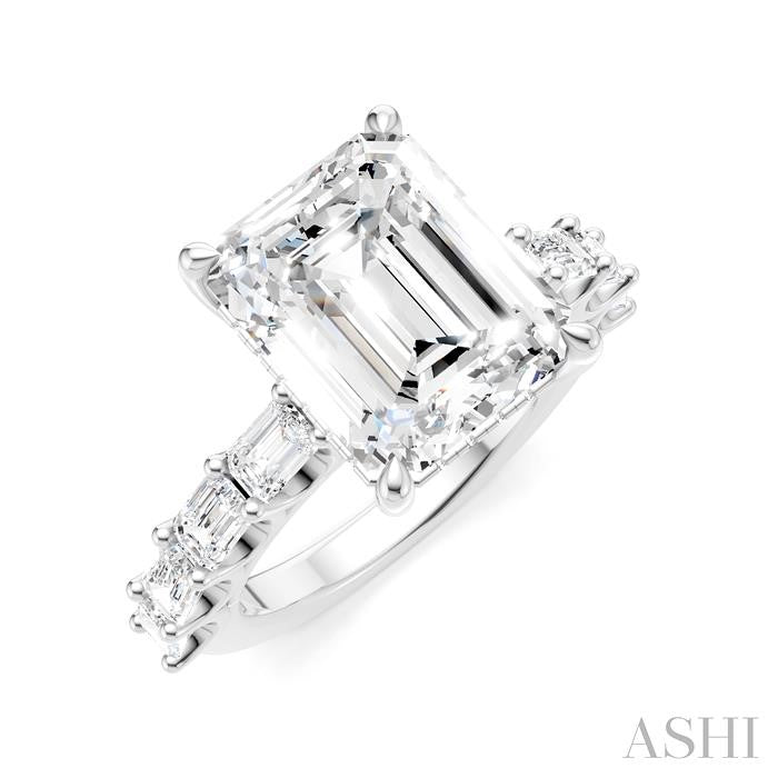 1 1/3 Ctw Emerald Shape Emerald and Round Cut Diamond Semi-Mount Engagement Ring in 14K White Gold