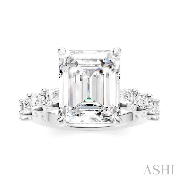 1 1/3 Ctw Emerald Shape Emerald and Round Cut Diamond Semi-Mount Engagement Ring in 14K White Gold
