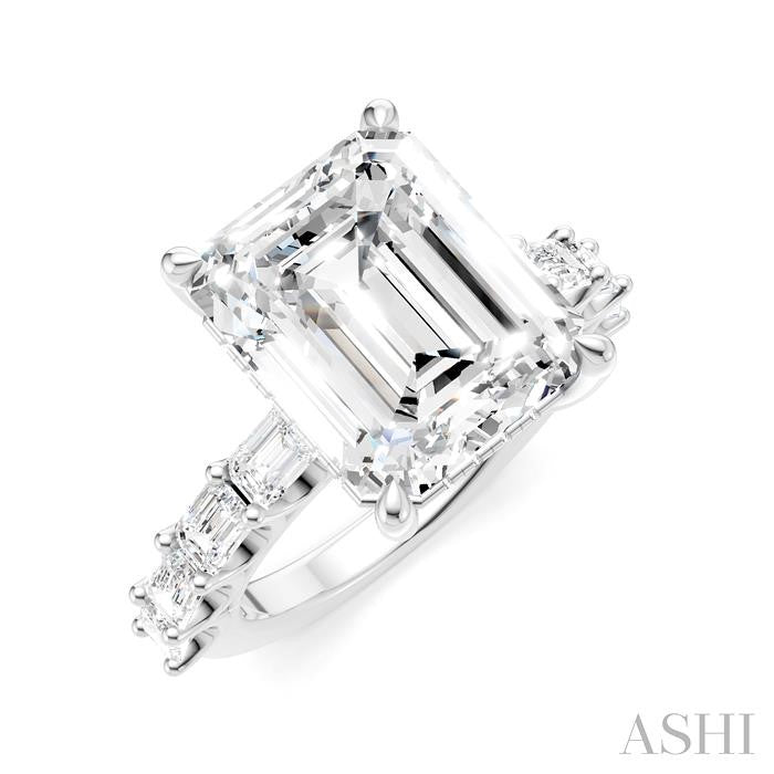 1 1/3 Ctw Emerald Shape Emerald and Round Cut Diamond Semi-Mount Engagement Ring in 14K White Gold