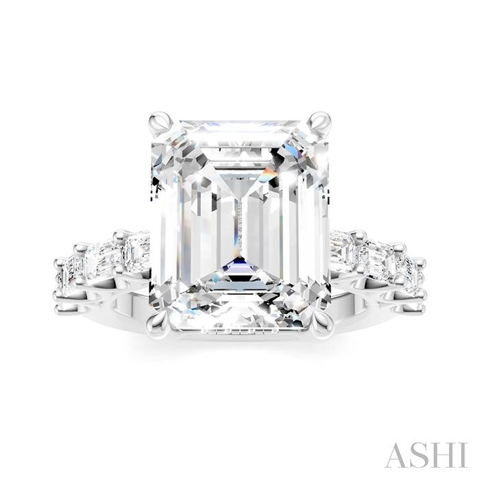 1 1/3 Ctw Emerald Shape Emerald and Round Cut Diamond Semi-Mount Engagement Ring in 14K White Gold