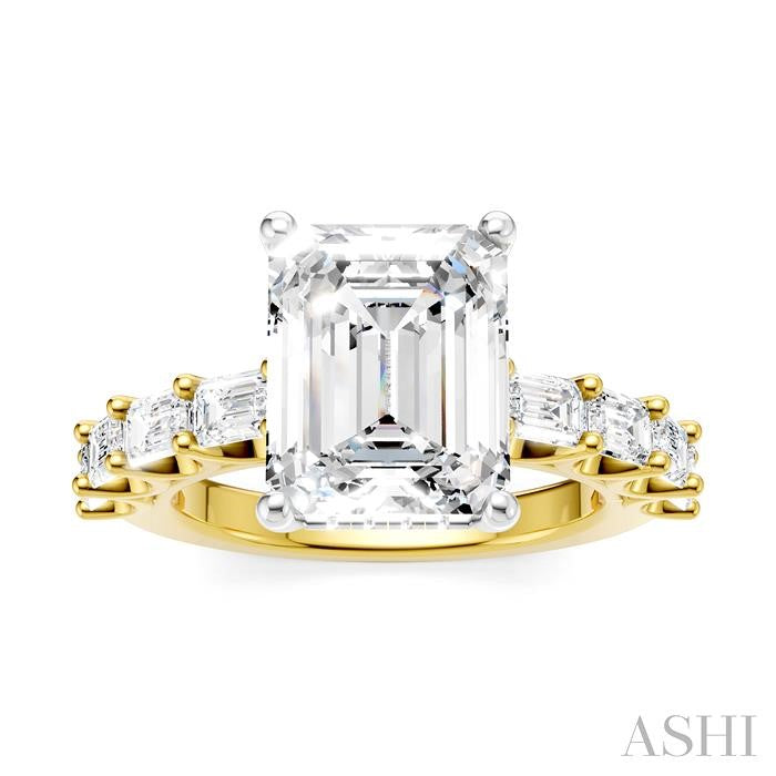 1 3/8 Ctw Emerald Shape Emerald and Round Cut Diamond Semi-Mount Engagement Ring in 14K Yellow and White Gold