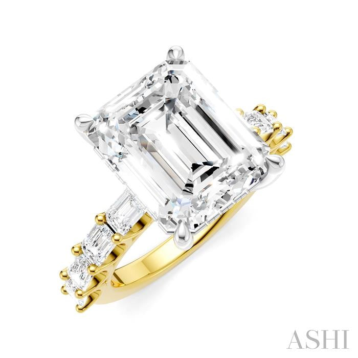 1 1/3 Ctw Emerald Shape Emerald and Round Cut Diamond Semi-Mount Engagement Ring in 14K Yellow and White Gold
