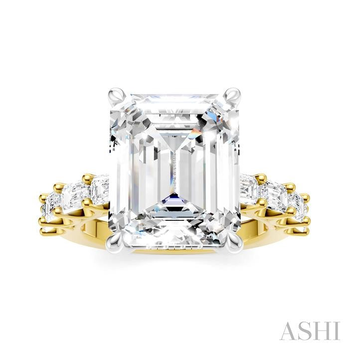 1 1/3 Ctw Emerald Shape Emerald and Round Cut Diamond Semi-Mount Engagement Ring in 14K Yellow and White Gold