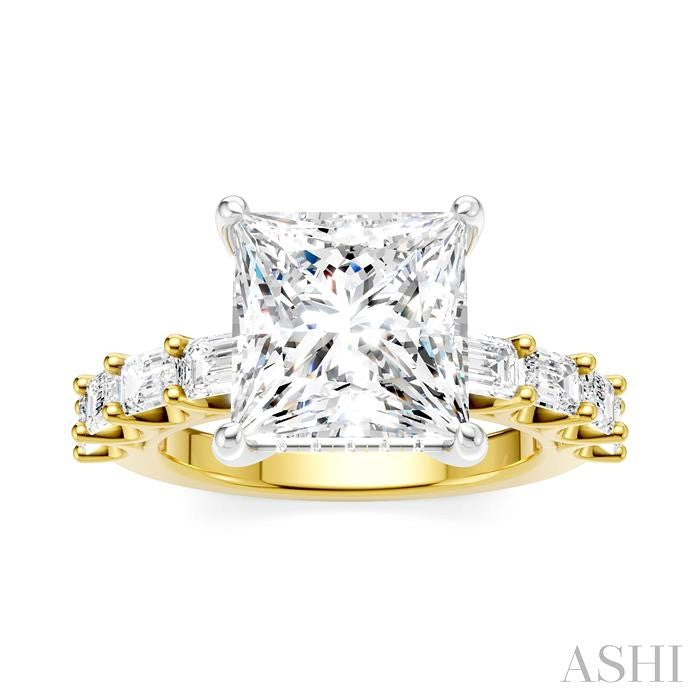 1 1/3 Ctw Princess Shape Emerald and Round Cut Diamond Semi-Mount Engagement Ring in 14K Yellow and White Gold