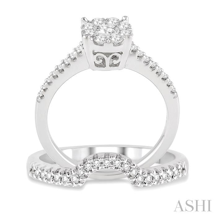 5/8 Ctw Diamond Wedding Set with 1/2 Ctw Lovebright Diamond Engagement Ring and 1/6 Ctw Wedding Band in 14K White Gold