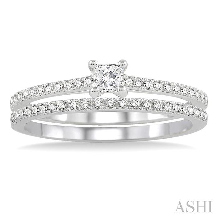 3/8 Ctw Diamond Wedding Set with 1/3 Ctw Princess Cut Engagement Ring and 1/10 Ctw Wedding Band in 14K White Gold