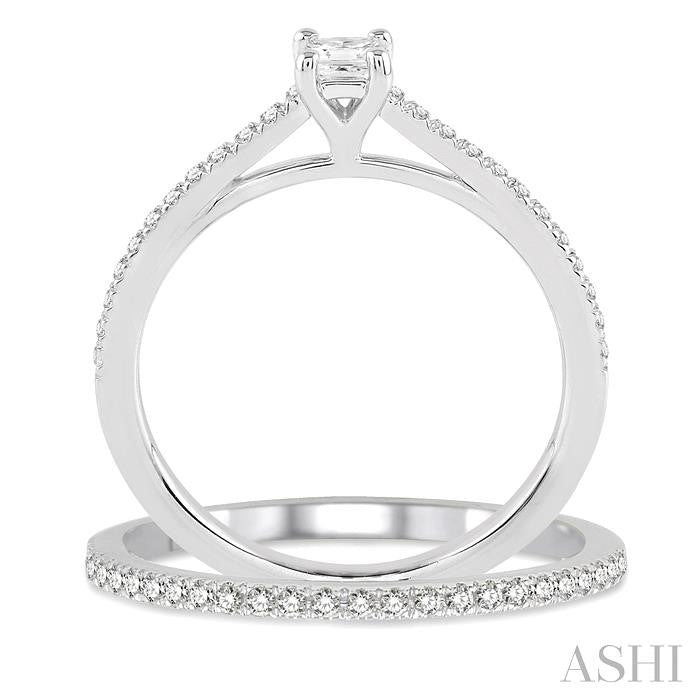 3/8 Ctw Diamond Wedding Set with 1/3 Ctw Princess Cut Engagement Ring and 1/10 Ctw Wedding Band in 14K White Gold