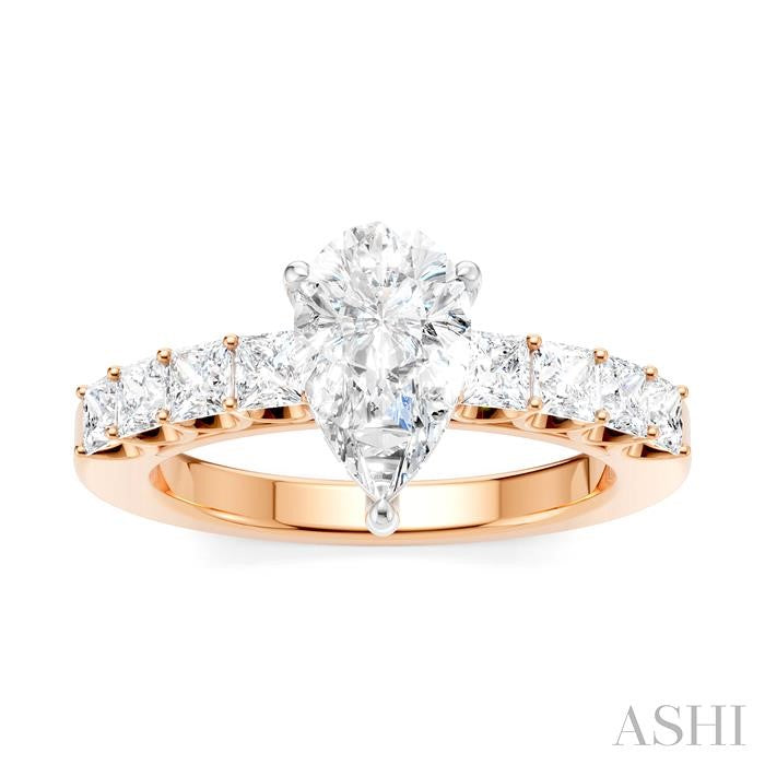 7/8 Ctw Pear Shape Princess and Round Cut Diamond Semi-Mount Engagement Ring in 14K Rose and White Gold