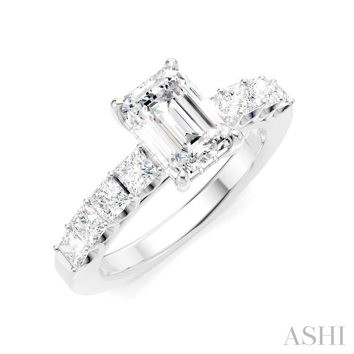 7/8 Ctw Emerald Shape Princess and Round Cut Diamond Semi-Mount Engagement Ring in 14K White Gold