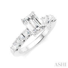 7/8 Ctw Emerald Shape Princess and Round Cut Diamond Semi-Mount Engagement Ring in 14K White Gold