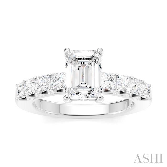7/8 Ctw Emerald Shape Princess and Round Cut Diamond Semi-Mount Engagement Ring in 14K White Gold