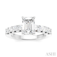 7/8 Ctw Emerald Shape Princess and Round Cut Diamond Semi-Mount Engagement Ring in 14K White Gold