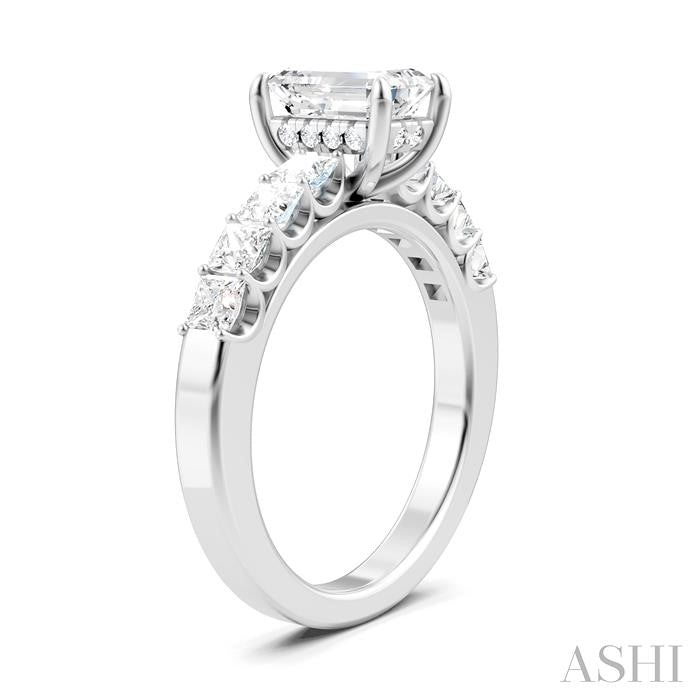 7/8 Ctw Emerald Shape Princess and Round Cut Diamond Semi-Mount Engagement Ring in 14K White Gold