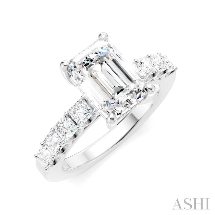 7/8 Ctw Emerald Shape Princess and Round Cut Diamond Semi-Mount Engagement Ring in 14K White Gold