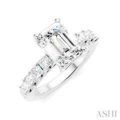 7/8 Ctw Emerald Shape Princess and Round Cut Diamond Semi-Mount Engagement Ring in 14K White Gold