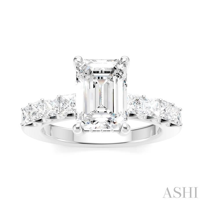7/8 Ctw Emerald Shape Princess and Round Cut Diamond Semi-Mount Engagement Ring in 14K White Gold