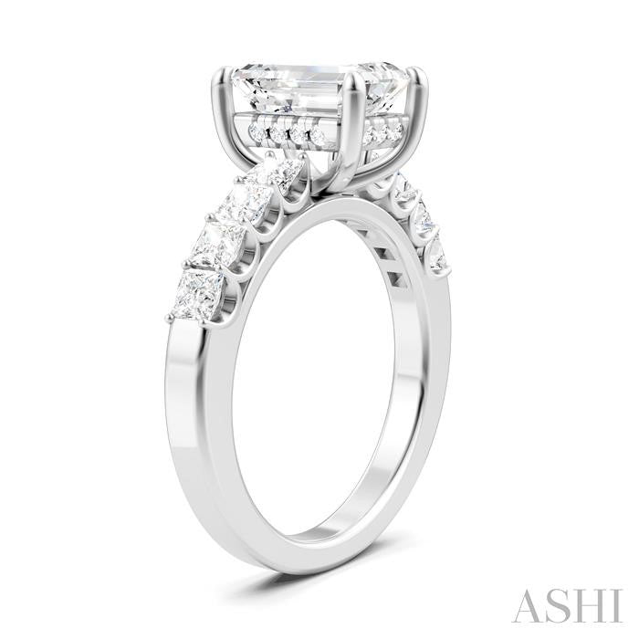 7/8 Ctw Emerald Shape Princess and Round Cut Diamond Semi-Mount Engagement Ring in 14K White Gold