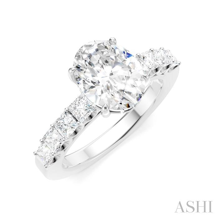 7/8 Ctw Oval Shape Princess and Round Cut Diamond Semi-Mount Engagement Ring in 14K White Gold