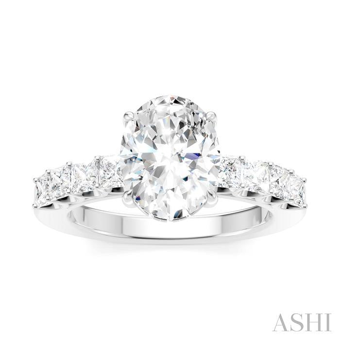 7/8 Ctw Oval Shape Princess and Round Cut Diamond Semi-Mount Engagement Ring in 14K White Gold