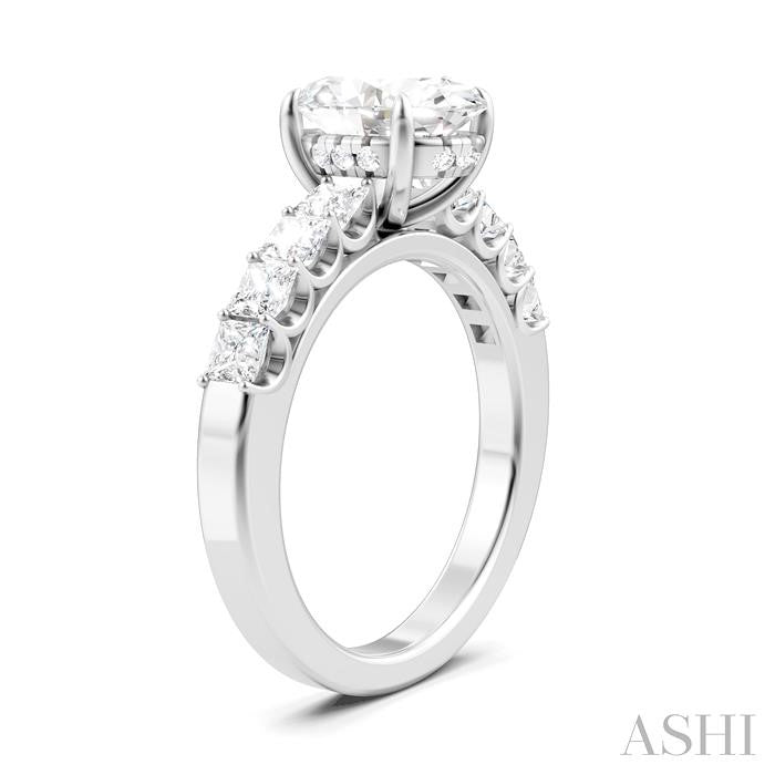 7/8 Ctw Oval Shape Princess and Round Cut Diamond Semi-Mount Engagement Ring in 14K White Gold