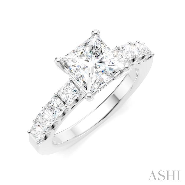 7/8 Ctw Princess Shape Princess and Round Cut Diamond Semi-Mount Engagement Ring in 14K White Gold