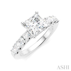7/8 Ctw Princess Shape Princess and Round Cut Diamond Semi-Mount Engagement Ring in 14K White Gold