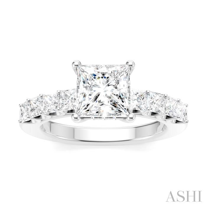 7/8 Ctw Princess Shape Princess and Round Cut Diamond Semi-Mount Engagement Ring in 14K White Gold