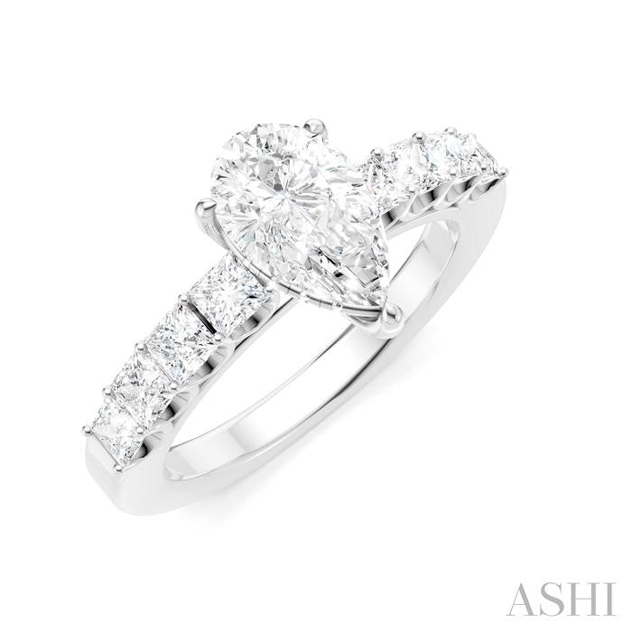 7/8 Ctw Pear Shape Princess and Round Cut Diamond Semi-Mount Engagement Ring in 14K White Gold