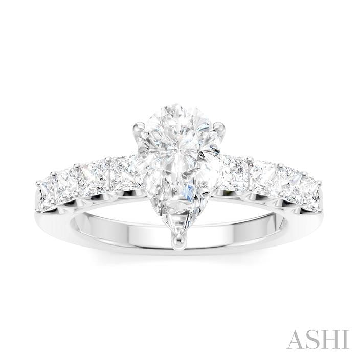 7/8 Ctw Pear Shape Princess and Round Cut Diamond Semi-Mount Engagement Ring in 14K White Gold