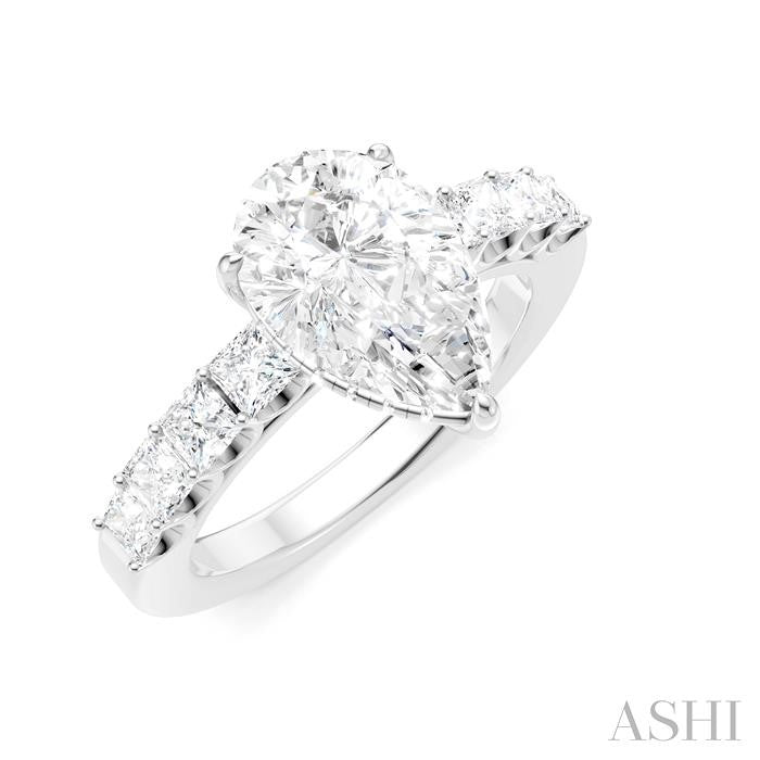 7/8 Ctw Pear Shape Princess and Round Cut Diamond Semi-Mount Engagement Ring in 14K White Gold