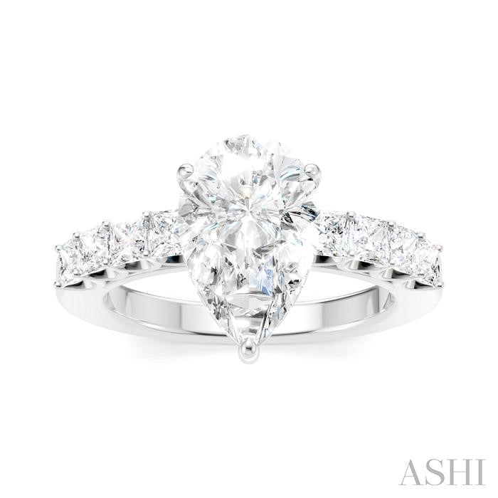 7/8 Ctw Pear Shape Princess and Round Cut Diamond Semi-Mount Engagement Ring in 14K White Gold