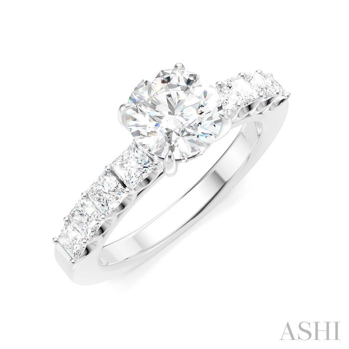 7/8 Ctw Round Shape Princess and Round Cut Diamond Semi-Mount Engagement Ring in 14K White Gold