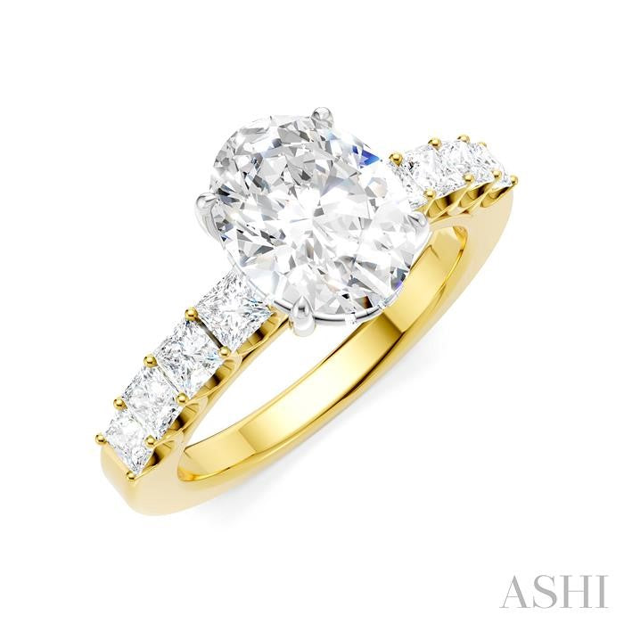 7/8 Ctw Oval Shape Princess and Round Cut Diamond Semi-Mount Engagement Ring in 14K Yellow and White Gold