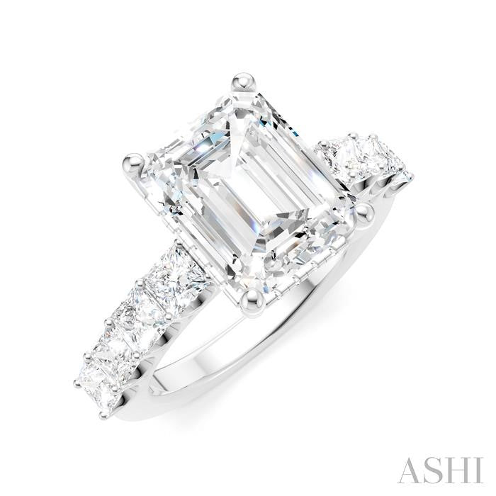 1 1/3 Ctw Emerald Shape Princess and Round Cut Diamond Semi-Mount Engagement Ring in 14K White Gold