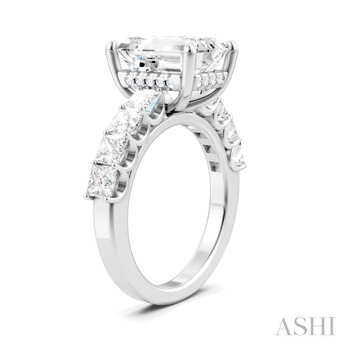 1 1/3 Ctw Emerald Shape Princess and Round Cut Diamond Semi-Mount Engagement Ring in 14K White Gold