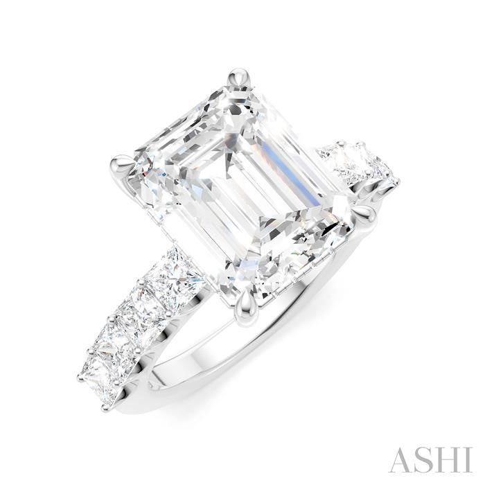 1 1/3 Ctw Emerald Shape Princess and Round Cut Diamond Semi-Mount Engagement Ring in 14K White Gold