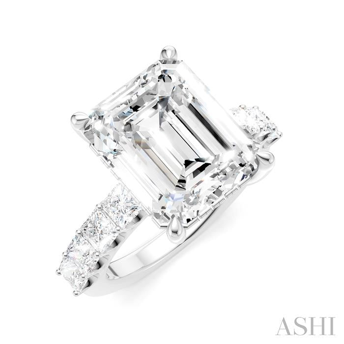 1 1/3 Ctw Emerald Shape Princess and Round Cut Diamond Semi-Mount Engagement Ring in 14K White Gold